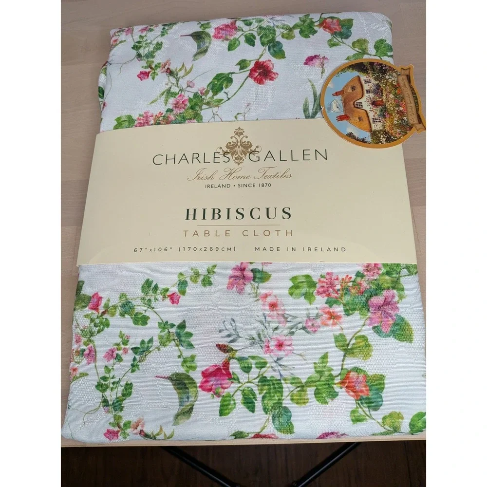 Charles Gallen Hibiscus Damask Tablecloth 67x106 Floral Made in Ireland NEW